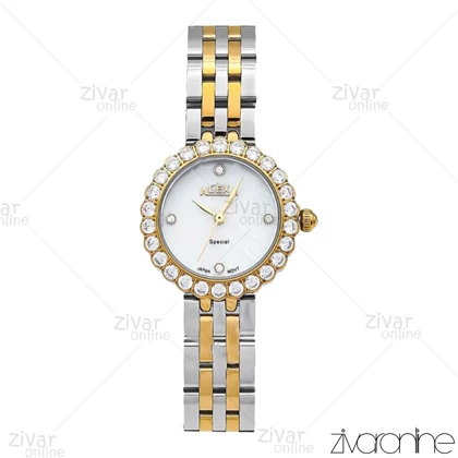 ساعت الکسا اسپشیال زنانه طلایی نقره ای دور نگین 106127