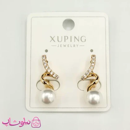 گوشواره ژوپینگ نگین‌دار طلایی با مروارید سفید