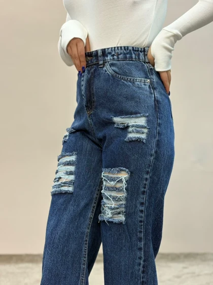 شلوار نیم بگ جین زاپ‌دار سورمه ای ام کی