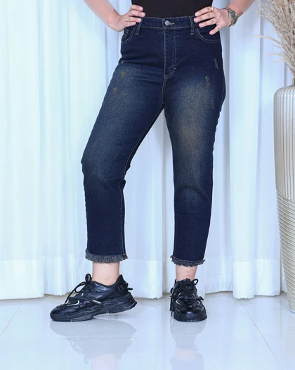 خرید شلوار واید استریت زنانه آبی تیره تینت دمپا ریش Wide Straight Jeans کد 911100