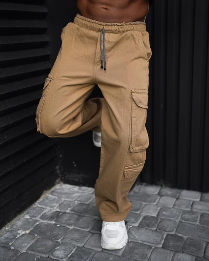 شلوار کارگو شتری مردانه پارچه جین کجراه اعلا