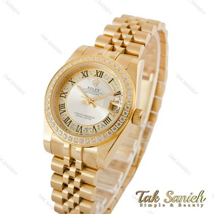 ساعت رولکس زنانه طلایی دورنگین صفحه سیلور ایندکس یونانی Rolex-5122-M-L
