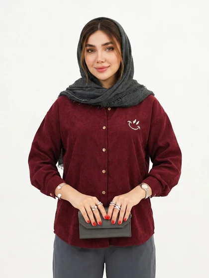 شومیز مخمل کبریتی آستین بلند طرح لبخند