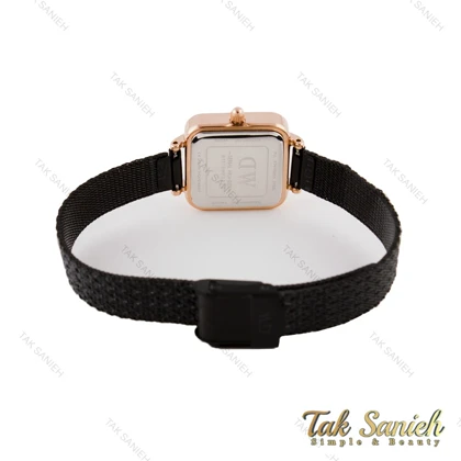 ساعت دی دبلیو زنانه مربعی رزگلد بند حصیری مشکی DW-5733-L