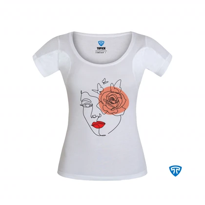 تیشرت ضدتعریق زنانه سفید طرح چهره و گلبرگ