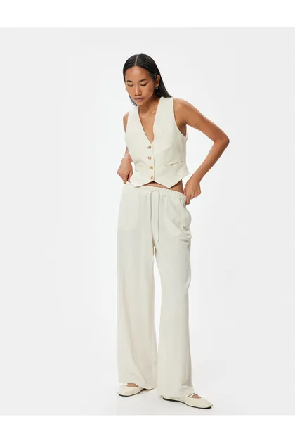 کتانی ترکیبی شلوار گشاد با آستر جیب کمر کش الاستیک 4SAK40226UW