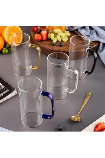 لیوان پیرکس استوانه دسته رنگی دست چهارتایی/ DELI