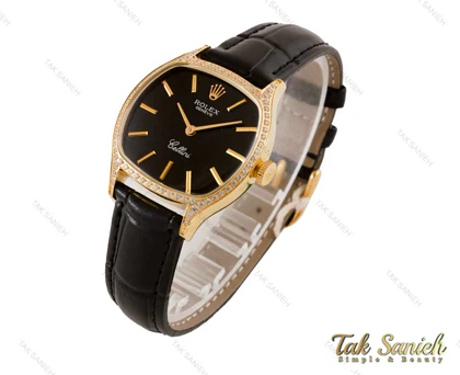 ساعت رولکس زنانه طلایی بند چرم نگین‌دار Rolex-3940-L