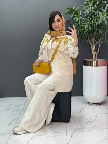 مانتو لینن گلدوزی آستین ریش
