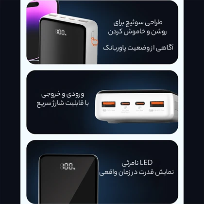 پاوربانک وایرلس مغناطیسی 15 وات 20000 تایپ سی و یو اس بی الدنیو PQ18