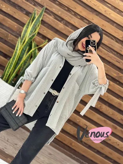 مانتو راه راه آستین بنددار