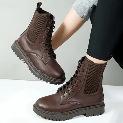 بوت زنانه رنگ قهوه ای مدل دوکش B بند دار ساق بلند کد 11277