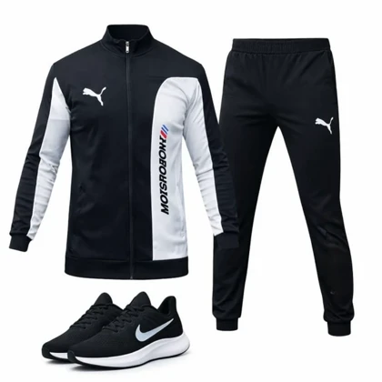 ست سویشرت شلوار مردانه مشکی مدل MotorSport+ کفش ورزشی مردانه Nike مدل Tigo زیره سفید