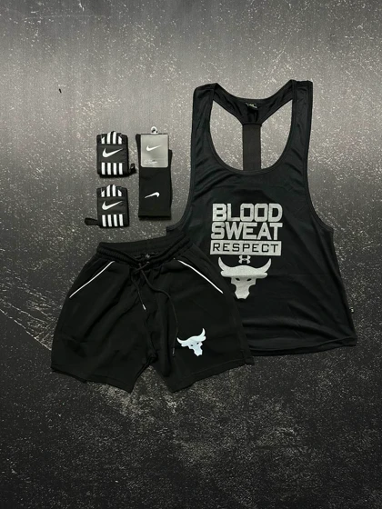 پکیج کد S633 شامل رکابی پشت کش + شلوارک + جوراب + مچبند با تم مشکی