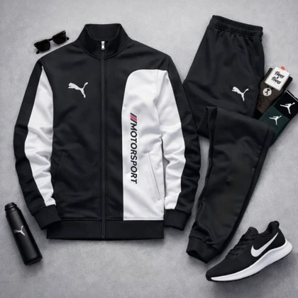 ست سویشرت شلوار مردانه مشکی مدل MotorSport+ کفش ورزشی مردانه Nike مدل Tigo زیره سفید