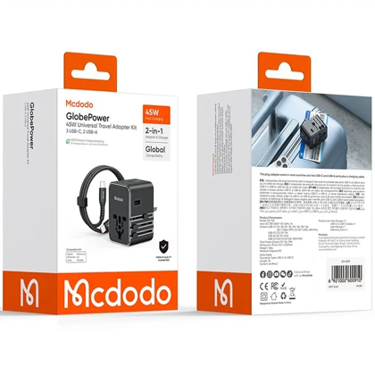 شارژر دیواری USB، تایپ‌سی 45 وات و تبدیل پریز 2500 وات مک‌دودو CP-3270 با کابل تایپ‌سی به تایپ‌سی