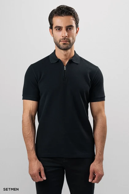 تیشرت یقه نیم زیپ سوزنی ساده