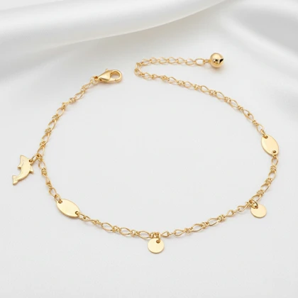 پابند ژوپینگ آویز دلفین و پلاک‌دار طلایی