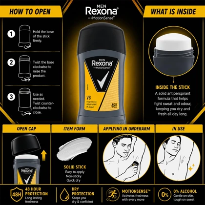 استیک ضد تعریق مردانه رکسونا Rexona مدل V8 حجم 45 گرم 48 ساعته