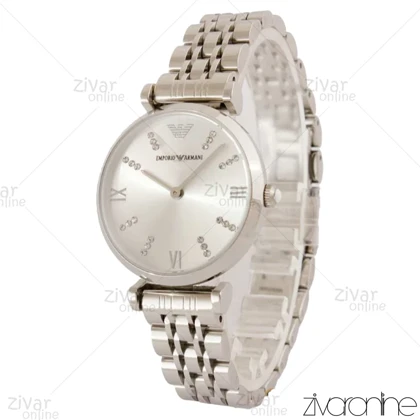 ساعت امپریو آرمانی زنانه صفحه نقره ای ایندکس نگین‌دار 104400