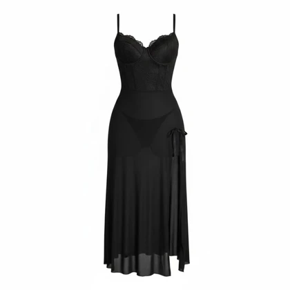 لباس خواب بلند فنردار مشکی برند لاوین کد 4235