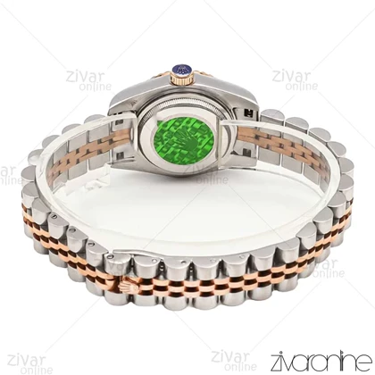 ساعت رولکس دیت جاست زنانه رزگلد نقره ای صفحه مشکی نگینی اسمال 106111