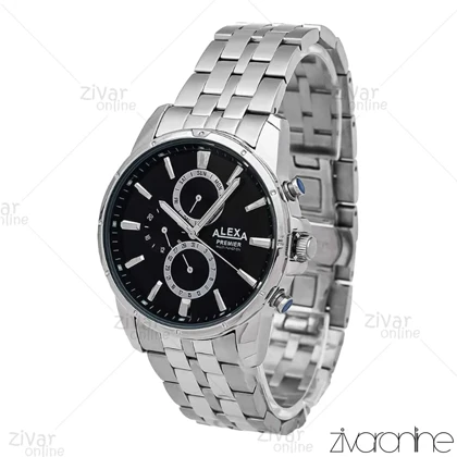 ساعت الکسا پریمیر A0103 مردانه سه موتوره سیلور صفحه مشکی 106152