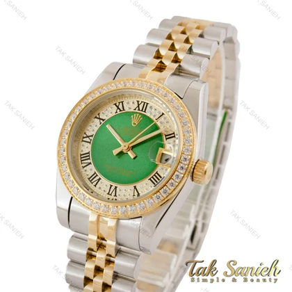 ساعت رولکس زنانه دورنگ طلایی دورنگین صفحه سبز ایندکس رومی Rolex-5119-M-L