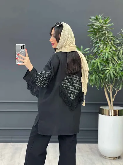مانتو لینن آستین طرح دار ریش دار