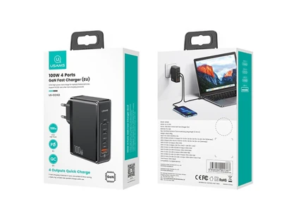 شارژر دیواری تایپ سی و یو اس بی 100 وات فست‌شارژ یوسامز USAMS US-CC163 100W 4-Ports GaN Fast Charger (EU)