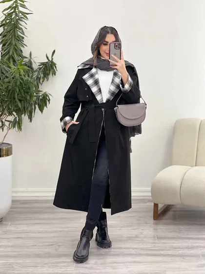 بارانی یقه چهارخونه پرچ دار