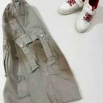 شلوار دخترانه جین بگ شافل زیتونی