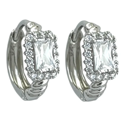 گوشواره حلقه‌ای زنانه ژوپینگ مدل کاترین طرح نگین مستطیلی جواهری نقره‌ای