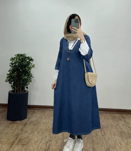 پیراهن مانتویی بلند یقه دار جین پرستو 1