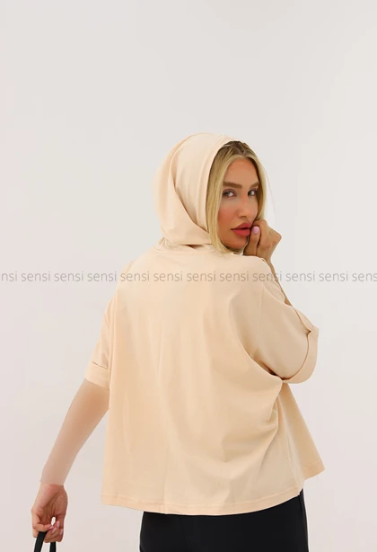 تیشرت زنانه باکسی کلاه دار رنگی کد1006034