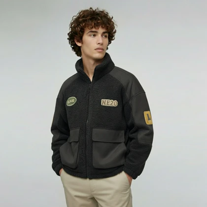 کاپشن ترکیبی جیب پاکتی تدی جیر (23296)