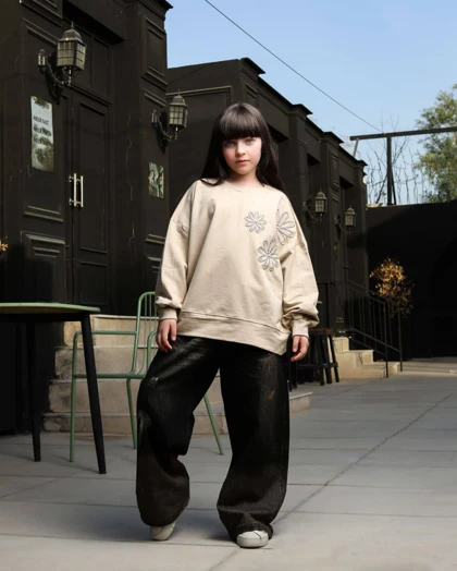 ست بلوز شلوار جین دخترانه رنگ کرم کد 3763