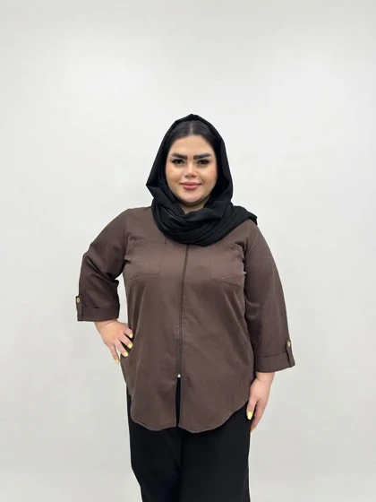 شومیز مانتویی سایز بزرگ زنانه زیپ‌دار یقه شکاری