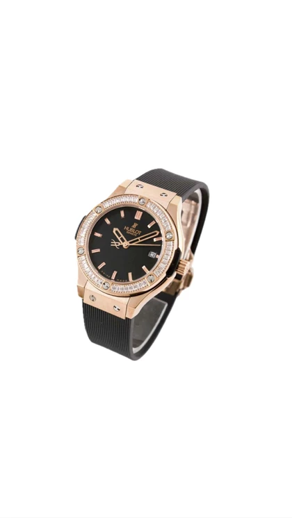 ساعت هابلوت دورنگین زنانه رزگلد بند مشکی Hublot Diamonds Rosegold