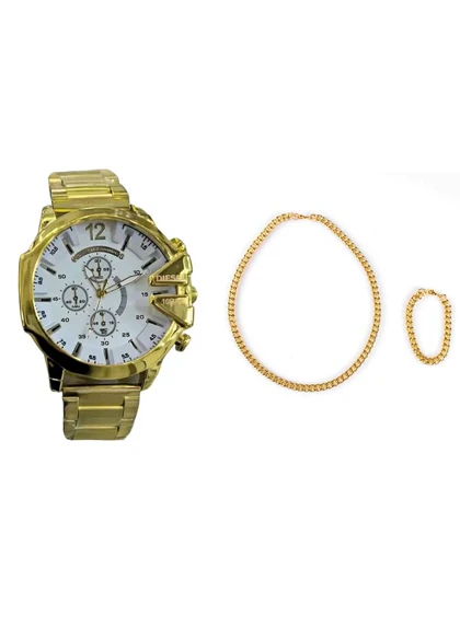 ست ساعت مچی مردانه طلایی صفحه سفید مدل U700 + دستبند و گردنبند کارتیه رنگ طلایی