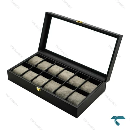 باکس چرمی 12 تایی ساعت مچی مشکی طوسی Watches-Box-12-7820-U