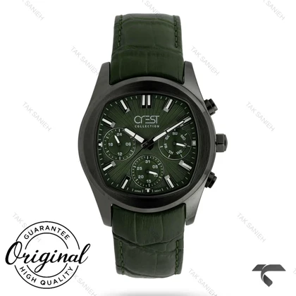 ساعت کرست مردانه 6379-3 مشکی بند چرم سبز Crest-11067-G
