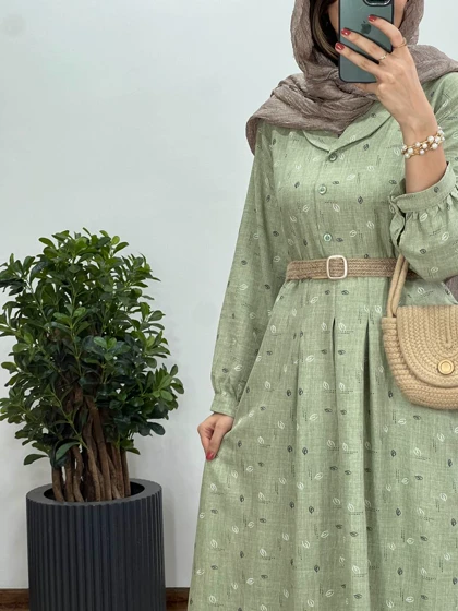 پیراهن مانتویی بلند کاج به همراه کمربند کد 2577