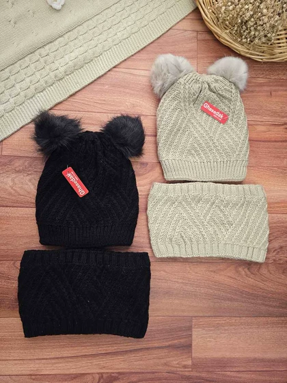 کلاه بافت و رینگ دخترانه دوپوم