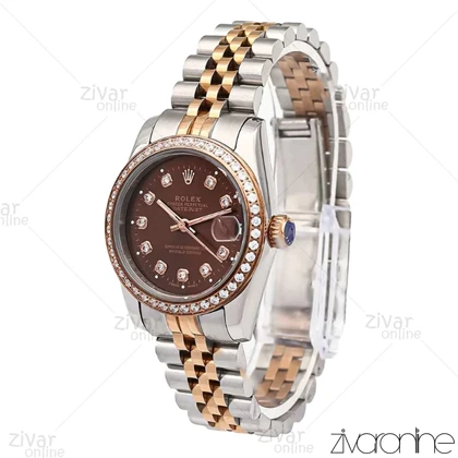 ساعت رولکس دیت جاست زنانه رزگلد نقره ای صفحه قهوه ای دور نگین 106301