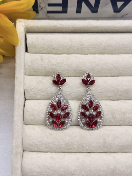 گوشواره جواهری اشک قرمز عروس فول نگین