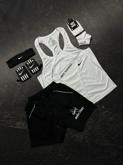 پکیج کد E1031 شامل رکابی + شلوارک + جوراب + هدبند + مچ بند با تم سفید مشکی🤍👌