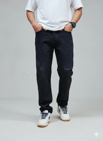 شلوار جین مام فیت ذغالی زاپ‌دار پارچه ترک