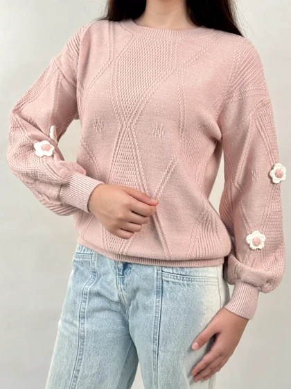 بافت آستین پفی گل سفید