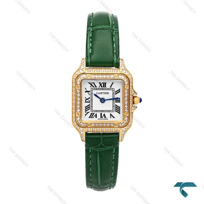 کارتیه پنته زنانه طلایی بندچرم سبز فول نگین اسمال Cartier-6274-L